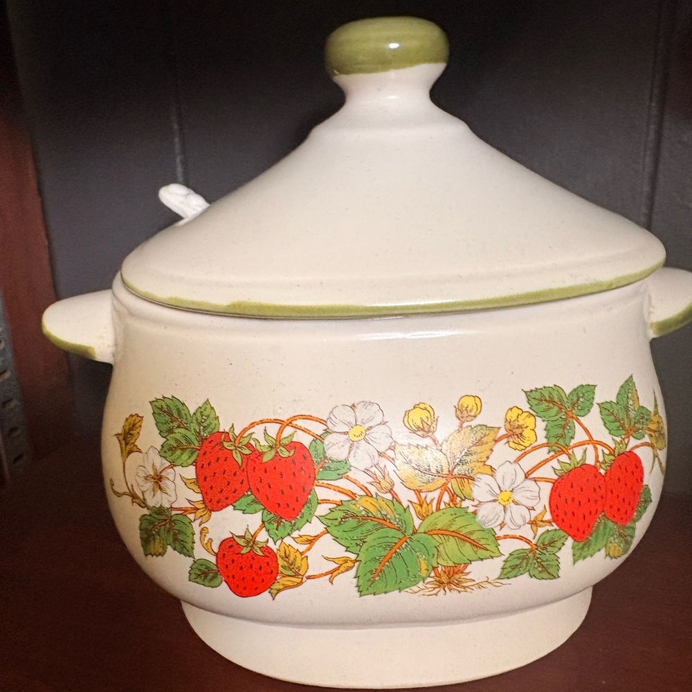 Vintage Ceramic Strawberry Sugar Jar with Lid & Spoon